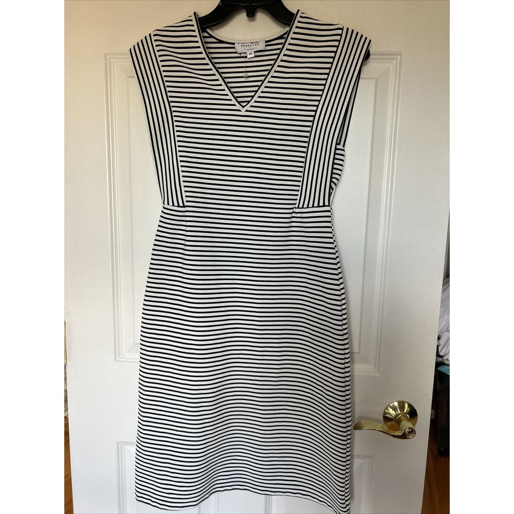 Derek Lam Collective black White mixed Striped V-Neck Dress 38 XS sleeveless New